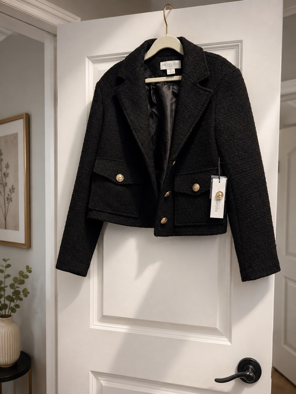 Rachel Zoe Black Tweed Cropped Blazer with Gold Buttons